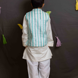 White kurta set for boys with blue mirror bandhgala