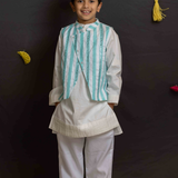 White kurta set for boys with blue mirror bandhgala