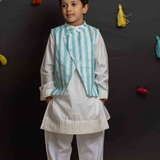White kurta set for boys with blue mirror bandhgala