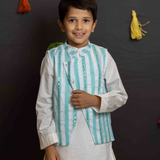 White kurta set for boys with blue mirror bandhgala