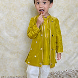 Green tissue mirror boys kurta set