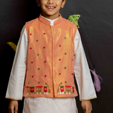 Peach shimmer train boys bandhgala dhoti set
