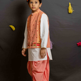 Peach shimmer train boys bandhgala dhoti set