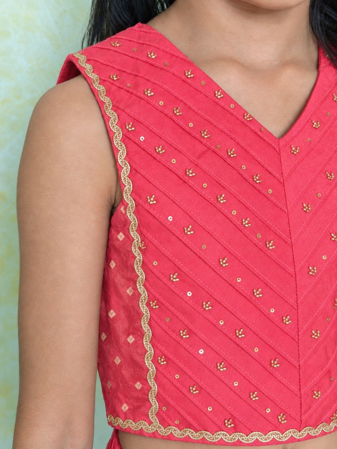 Pinkish red girls tissue lehenga set