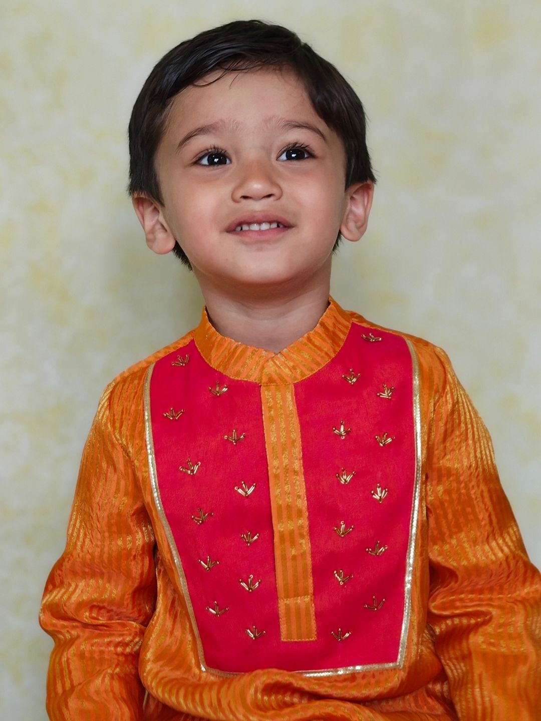Orange and red boys kurta and dhoti set