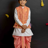 Peach shimmer train boys bandhgala dhoti set