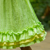 Three frills Green Soft Dobby frock with flowers
