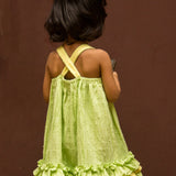 Three frills Green Soft Dobby frock with flowers