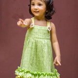 Three frills Green Soft Dobby frock with flowers