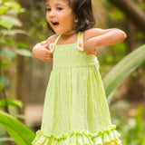 Three frills Green Soft Dobby frock with flowers