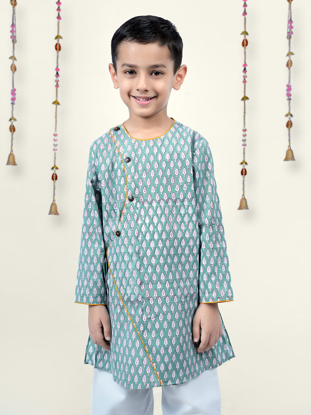 Boy wearing Green Blockprint cotton angrakha style kurta