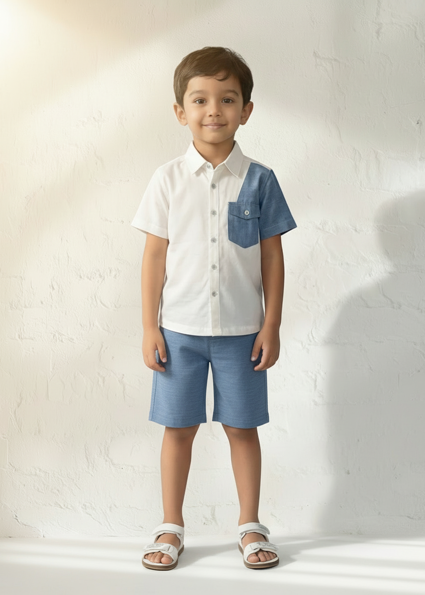 Young boy wearing a white shirt with blue accents and blue shorts against a light background