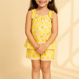 Yellow Floral Print Cotton Coord Set Girls