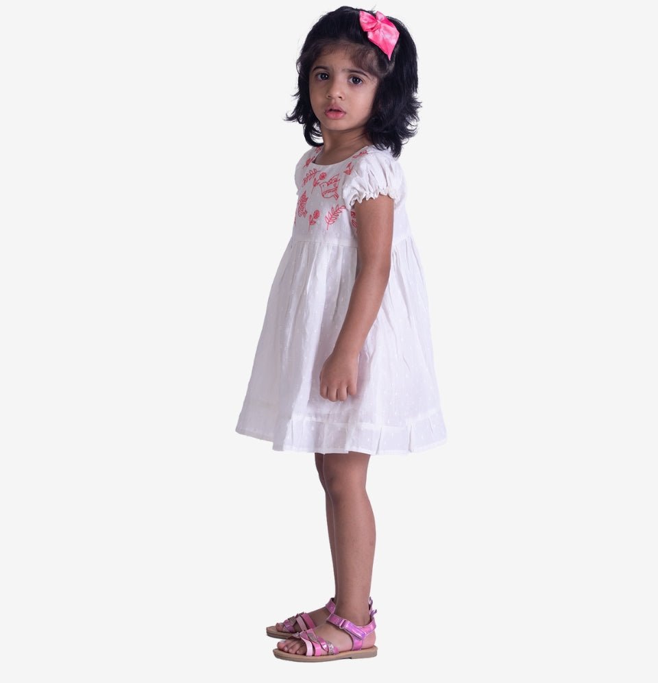White Dobby Cotton Girls Frock with Hand Embroidery - littlellama.in