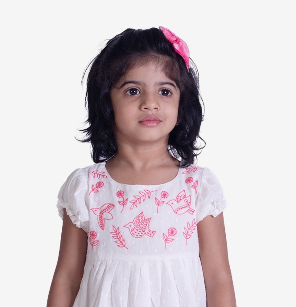 White Dobby Cotton Girls Frock with Hand Embroidery - littlellama.in
