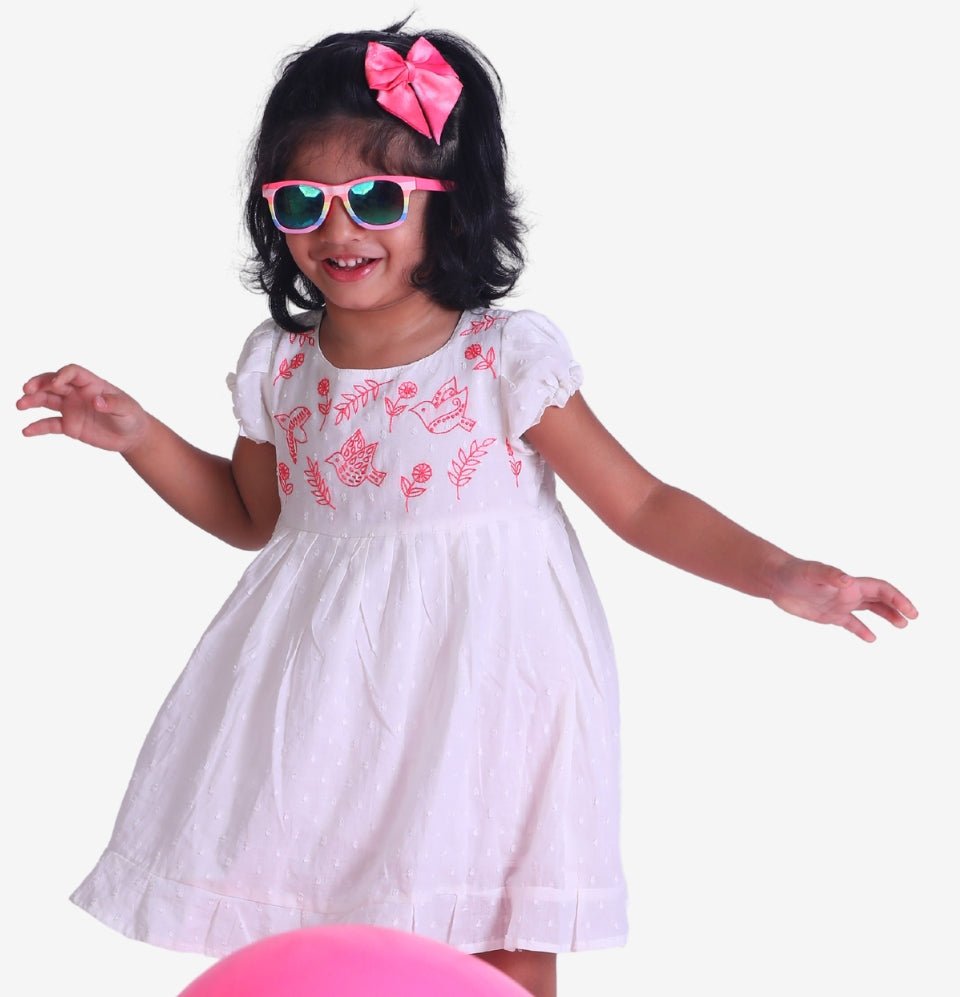 White Dobby Cotton Girls Frock with Hand Embroidery - littlellama.in