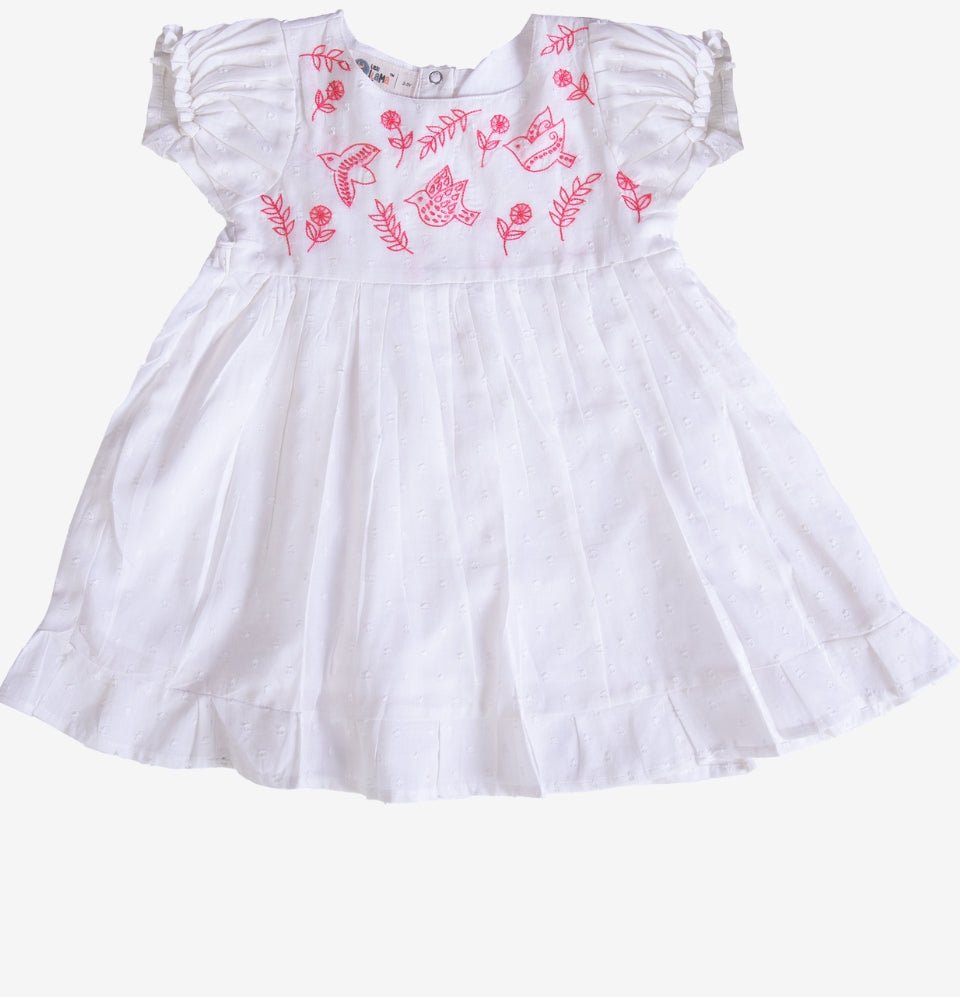 White Dobby Cotton Girls Frock with Hand Embroidery - littlellama.in