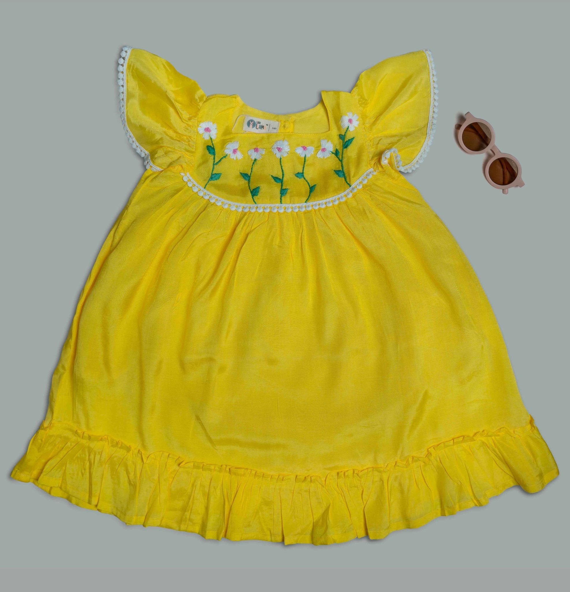 Yellow Flowers Hand Embroidery Frock - littlellama.in