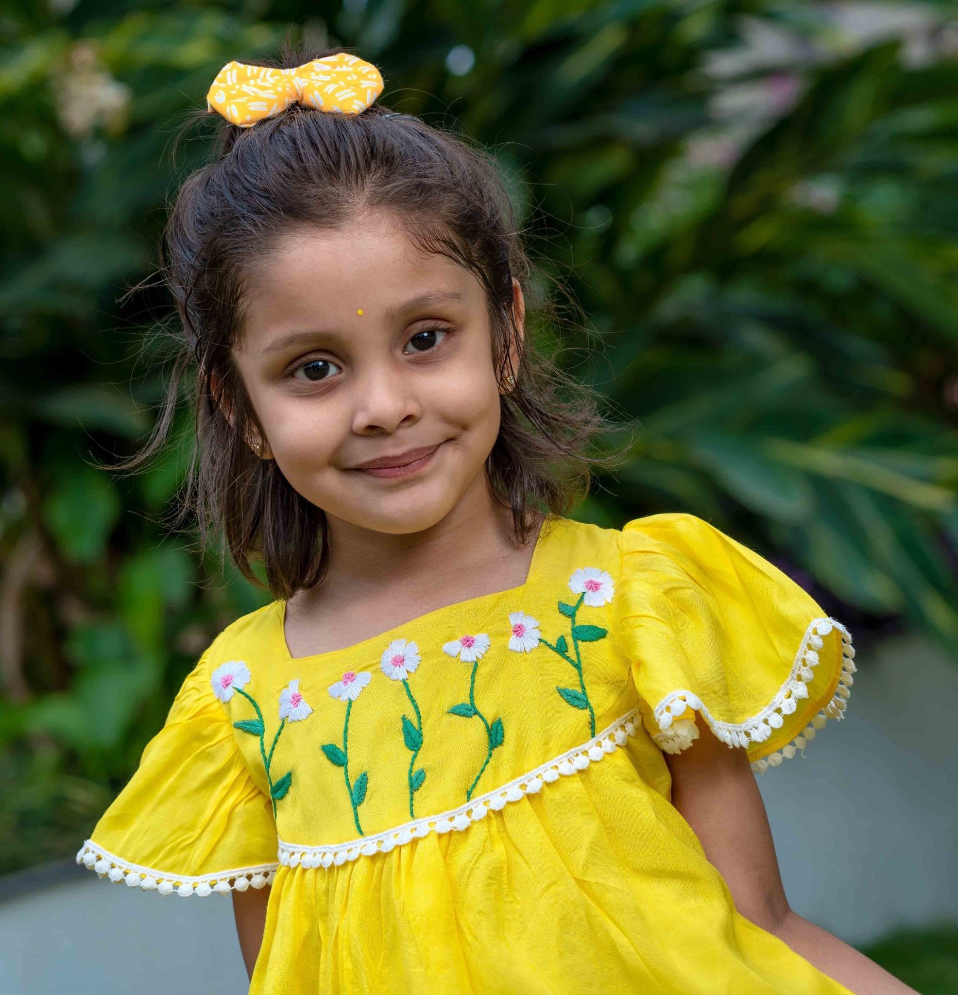 Yellow Flowers Hand Embroidery Frock - littlellama.in