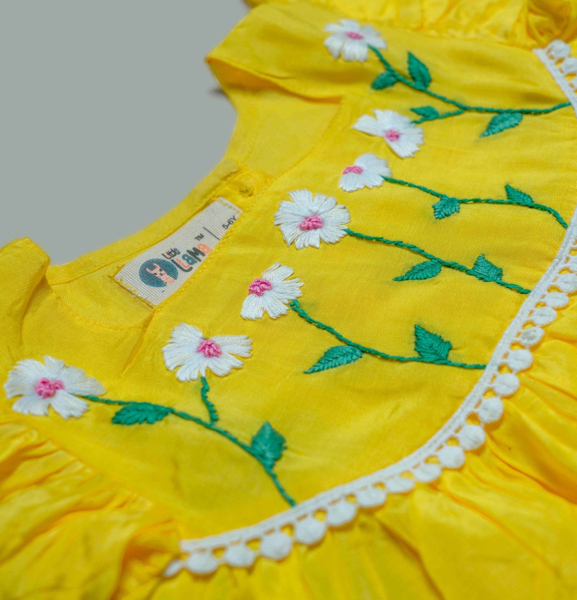 Yellow Flowers Hand Embroidery Frock littlellama.in Yellow Flowers Hand Embroidery Frock littlellama.in